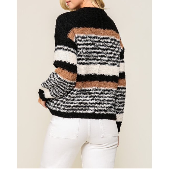 Saltwater Luxe Lizzy Striped Black & Tan Cozy Crewneck Sweater - Picture 3 of 15